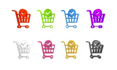 Colorful Shopping cart with check mark icon isolated on white background. Supermarket basket with approved, confirm, done, tick, completed. Minimalism concept. 3D render illustration