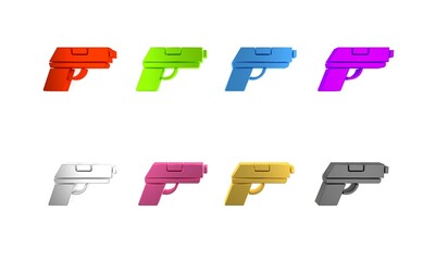 Colorful Pistol or gun icon isolated on white background. Police or military handgun. Small firearm. Minimalism concept. 3D render illustration
