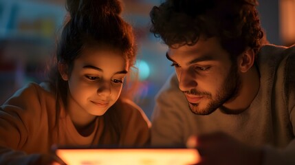 A young girl and a man look intently at a tablet screen, their faces illuminated by the warm glow of the display.