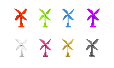 Fototapeta premium Colorful Wind turbine icon isolated on white background. Wind generator sign. Windmill for electric power production. Minimalism concept. 3D render illustration