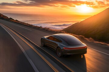 A sleek, modern car drives along a winding road with the setting sun in the background. 