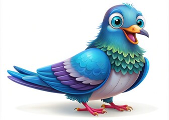 Obraz premium Whimsical illustration of a smiling cartoon pigeon with vibrant blue feathers, bright beak, and endearing expression perched on a white background with subtle shadows.