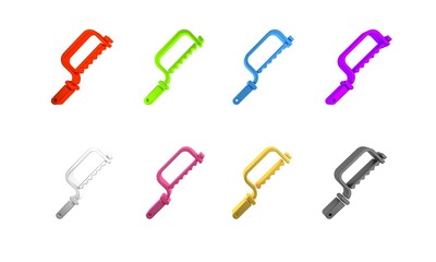 Colorful Hacksaw icon isolated on white background. Metal saw for wood and metal. Minimalism concept. 3D render illustration