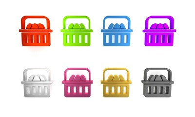 Colorful Basket with easter eggs icon isolated on white background. Happy Easter. Minimalism concept. 3D render illustration