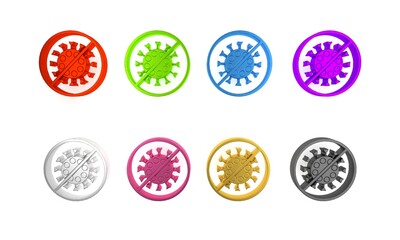 Colorful Stop virus icon isolated on white background. Corona virus 2019-nCoV. Bacteria and germs, cell cancer, microbe, fungi. Minimalism concept. 3D render illustration
