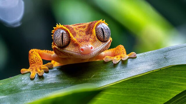 Footage A close-up of a colorful gecko perched on a green leaf, showcasing its unique features.