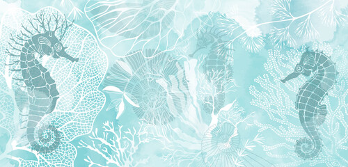 Art sea background with seahorse, nautiluses, corals and underwater plants. Luxury design with sea creatures and  watercolor splash. Template design for text, packaging, prints, layout decorat