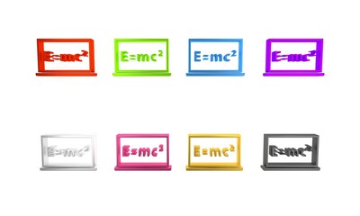Colorful Math system of equation solution on chalkboard icon isolated on white background. E equals mc squared equation on computer screen. Minimalism concept. 3D render illustration