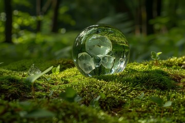 Clear glass ball sits atop a lush green plant, surrounded by lush green leaves