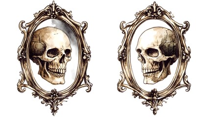 Watercolor Gothic Mirror Clip Art with Skull and Ghost in Frame, Cartoon Style with Soft Muted Colors, Isolated on White Background, Hyper-Realistic Depiction for Halloween Themes