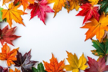 Fototapeta premium Autumn Maple Leaves Flat Lay White Background created with Generative AI