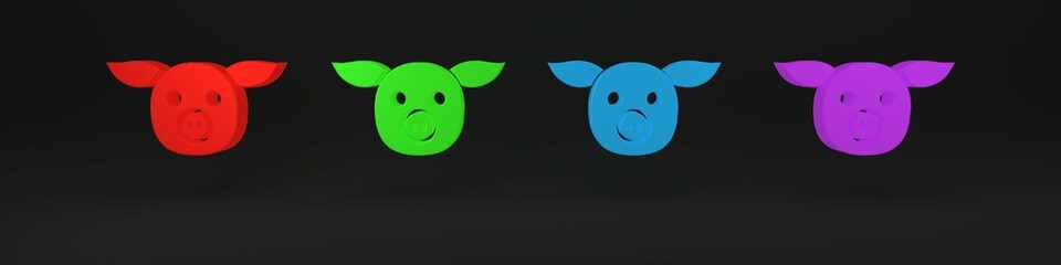 Colorful Pig icon isolated on black background. Animal symbol. Minimalism concept. 3D render illustration