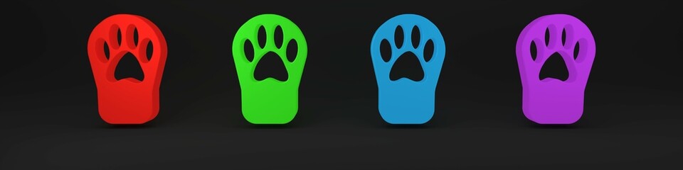 Colorful Paw print icon isolated on black background. Dog or cat paw print. Animal track. Minimalism concept. 3D render illustration