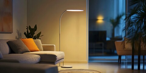 Fototapeta premium Living room with couch, floor lamp, and rug.