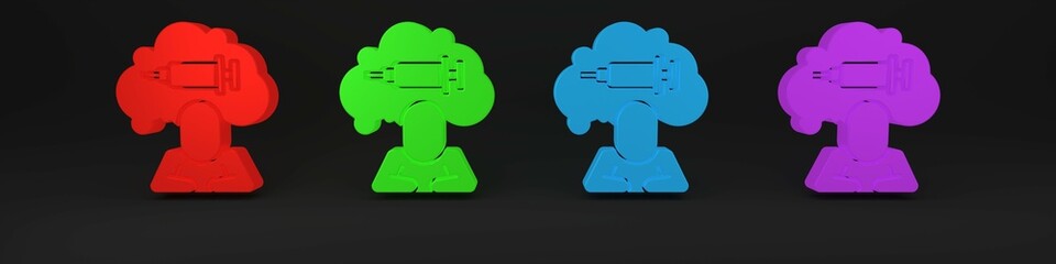 Colorful Addiction to the drug icon isolated on black background. Heroin, narcotic, addiction, illegal. Sick junkie with a syringe and medical pills. Minimalism concept. 3D render illustration