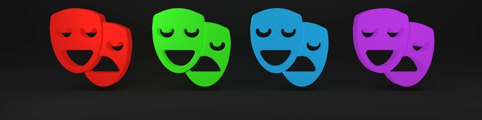 Colorful Comedy and tragedy theatrical masks icon isolated on black background. Minimalism concept. 3D render illustration