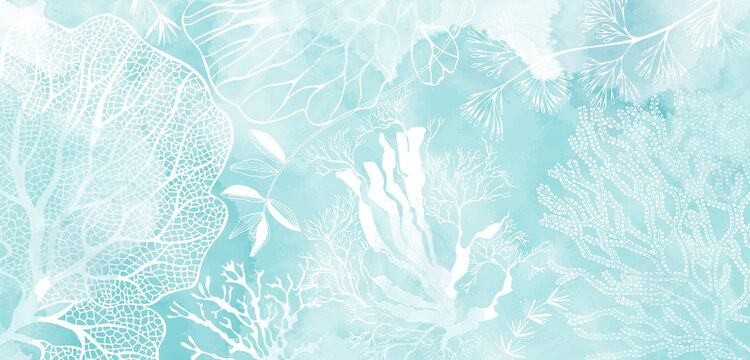 Art sea background. Luxury design with seaweed and  watercolor splash. Template design for text, packaging, prints, layout decorative greeting card or invitation design background. 