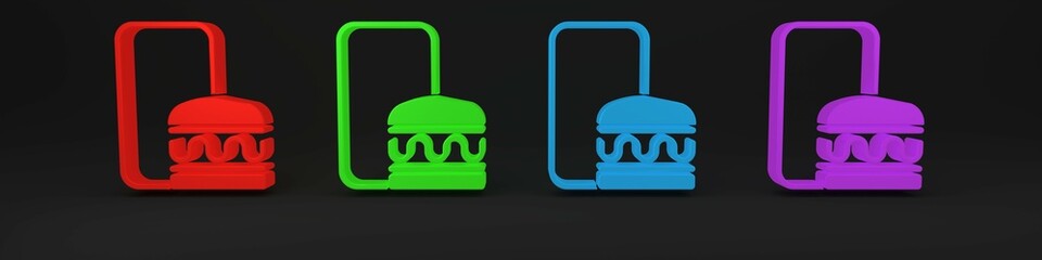 Colorful Online ordering and fast food delivery icon isolated on black background. Burger sign. Minimalism concept. 3D render illustration