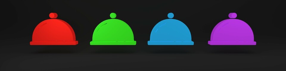Colorful Covered with a tray of food icon isolated on black background. Tray and lid sign. Restaurant cloche with lid. Minimalism concept. 3D render illustration