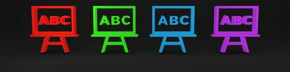 Colorful Chalkboard icon isolated on black background. School Blackboard sign. Minimalism concept. 3D render illustration