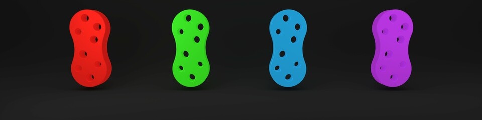 Colorful Sponge with bubbles icon isolated on black background. Wisp of bast for washing dishes. Cleaning service logo. Minimalism concept. 3D render illustration