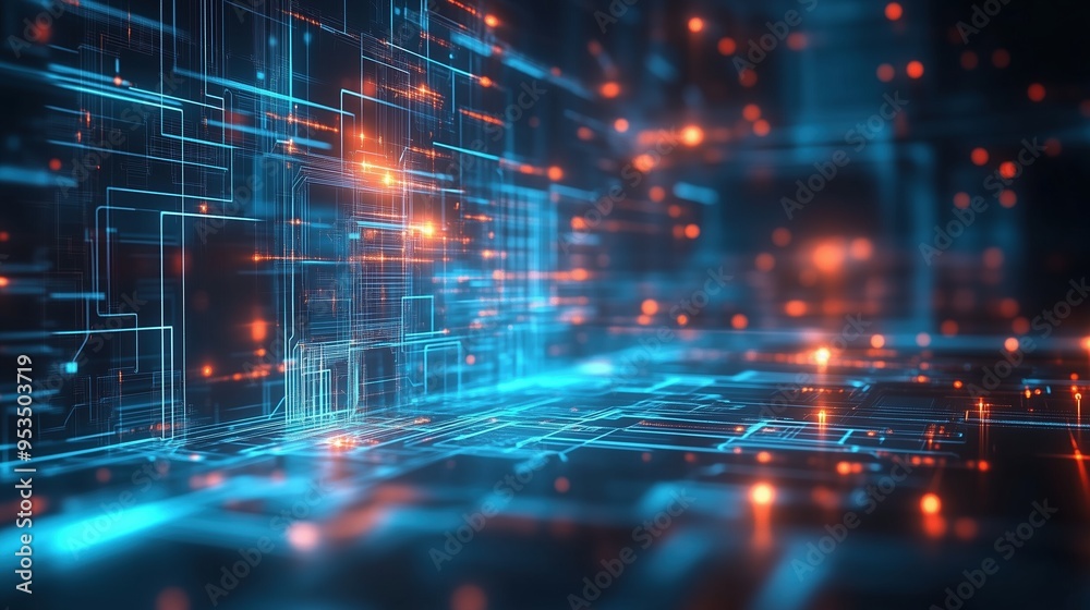 Leinwandbilder Futuristic technology background with glowing digital elements and circuit board in blue and orange tones, showcasing a high-tech scene. This 3D rendering represents a digital concept of big data visu