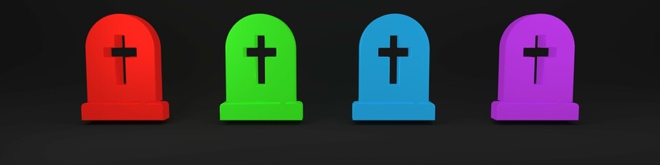 Obraz premium Colorful Tombstone with cross icon isolated on black background. Grave icon. Happy Halloween party. Minimalism concept. 3D render illustration