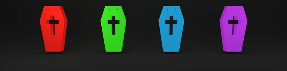 Fototapeta premium Colorful Coffin with christian cross icon isolated on black background. Happy Halloween party. Minimalism concept. 3D render illustration