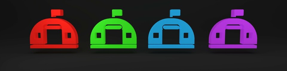 Colorful Military barracks station icon isolated on black background. Airstrikes architecture army. Minimalism concept. 3D render illustration