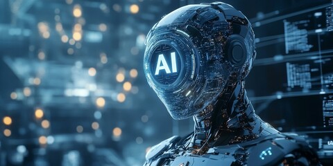 Metallic robot with AI displayed on head.