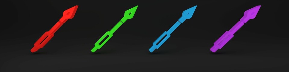 Colorful Medieval spear icon isolated on black background. Medieval weapon. Minimalism concept. 3D render illustration