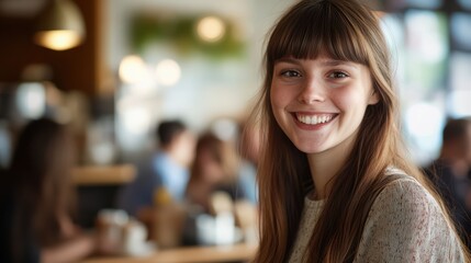 Fototapeta premium Woman enjoying a cozy moment in a bustling coffee shop. Warm lighting and relaxed atmosphere make it perfect for themes related to lifestyle, relaxation, and social gatherings