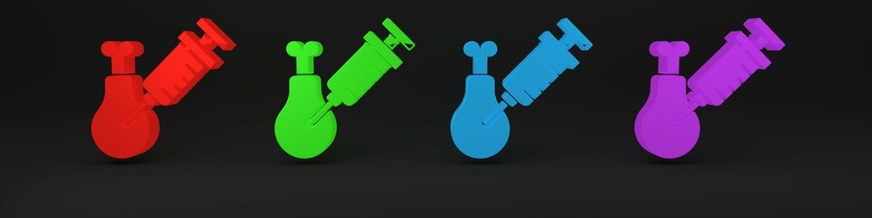 Colorful Gmo research chicken icon isolated on black background. Syringe being injected to chicken. Minimalism concept. 3D render illustration