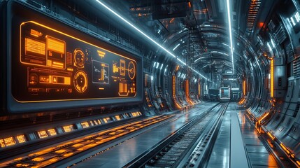 A futuristic distribution hub where intelligent machines and infrastructure work together to optimize communication and ensure workflow efficiency