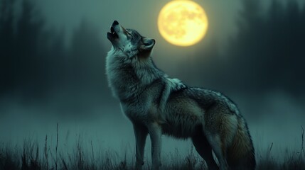 The wolf stands in a dark, foggy forest, howling at the moon, filled with mystery and the fierce spirit of the night, reflecting the fierce essence of the wolf.