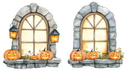 Obraz premium Set of Two Hyperrealistic Watercolor Castle Windows with Halloween Pumpkins and Cozy Lights, Featuring an Arched and Square Window Frame, Perfect for Halloween Decorations and Design