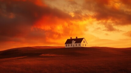 Fototapeta premium Dramatic sunset with orange and red skies framing a solitary white farmhouse on a hill