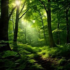 Obraz premium Serene forest background with lush green trees and soft sunlight filtering through the leaves, forest in the morning