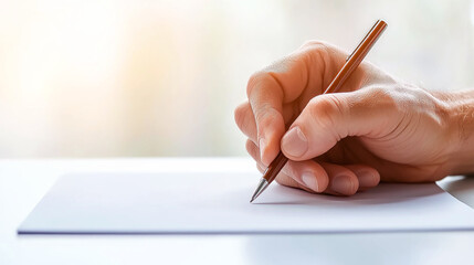 A close-up of a hand holding a pencil, poised to write on blank paper. Ideal for creativity and writing themes.