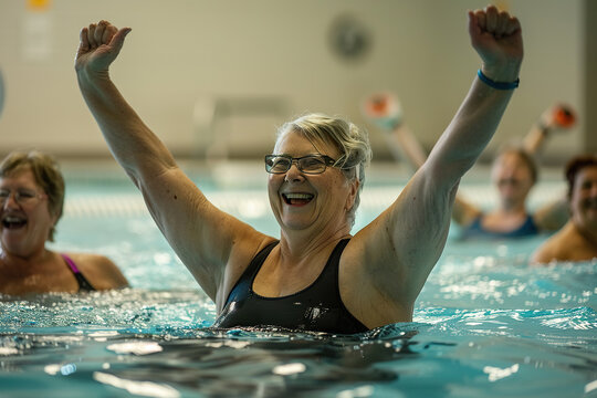 A woman in a black swimsuit is smiling and splashing water in a pool,