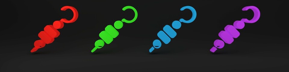 Colorful Grilled shish kebab on skewer stick icon isolated on black background. Meat kebab on skewer stick. Picnic with grilled meat. Minimalism concept. 3D render illustration