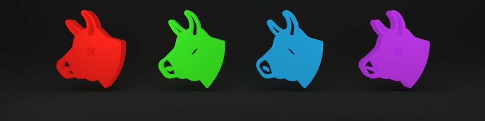Colorful Cow head icon isolated on black background. Minimalism concept. 3D render illustration
