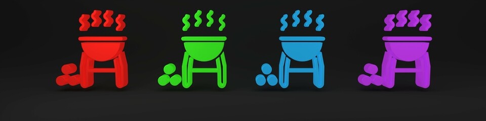 Colorful Barbecue grill icon isolated on black background. BBQ grill party. Minimalism concept. 3D render illustration