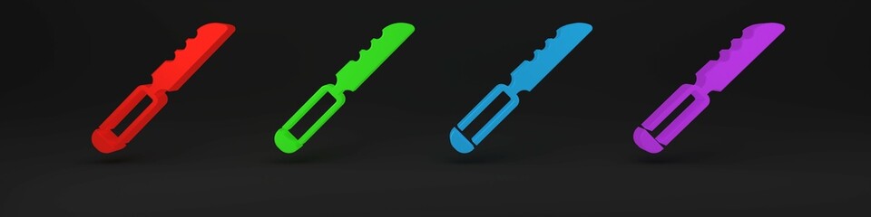 Colorful Bread knife icon isolated on black background. Cutlery symbol. Minimalism concept. 3D render illustration