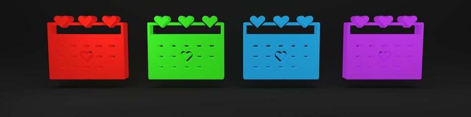 Colorful Calendar with heart icon isolated on black background. Valentines day. Love symbol. February 14. Minimalism concept. 3D render illustration