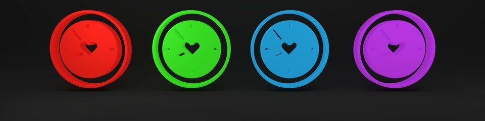Colorful Clock with heart icon isolated on black background. Valentines day. Love symbol. Minimalism concept. 3D render illustration