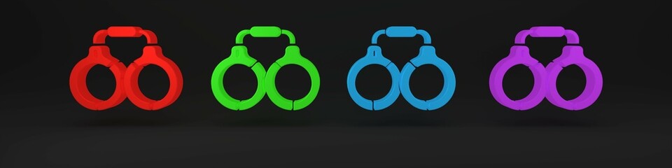 Colorful Handcuffs icon isolated on black background. Minimalism concept. 3D render illustration