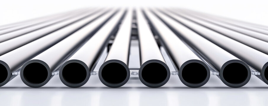 A close-up view of metallic pipes arranged in parallel, showcasing their smooth surfaces and uniformity for industrial applications.