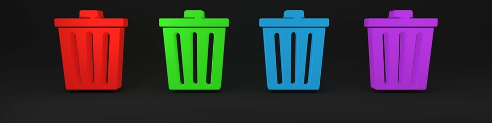 Colorful Trash can icon isolated on black background. Garbage bin sign. Recycle basket icon. Office trash icon. Minimalism concept. 3D render illustration