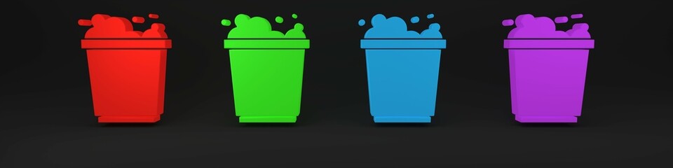 Colorful Bucket with foam and bubbles icon isolated on black background. Cleaning service concept. Minimalism concept. 3D render illustration